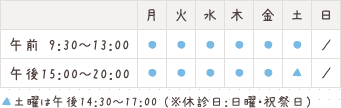 診察時間:月曜～金曜 午前9時30分～13時00分、午後15時00分～20時00分 土曜 午前9時30分～13時00分　午後14時30分～20時00分 休診日：日曜、祝祭日